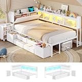 MSmask 14 Inch Corner Bed Frame with Pull-Out Cabinet, Bookcase & Headboad Storage, Twin LED Daybed with 6 Drawers, Charging Station, Twin Size Metal Platform Bed for Kids Teen, White