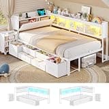 MSmask 14 Inch Corner Bed Frame with Pull-Out Cabinet, Bookcase & Headboad Storage, Twin LED Daybed with 6 Drawers, Charging Station, Twin Size Metal Platform Bed for Kids Teen, White