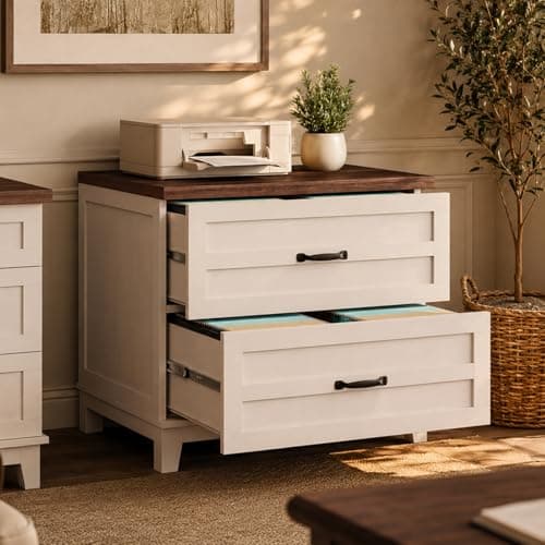 Garvee 2 Drawer Farmhouse Lateral File Cabinet for Home Office, Deep Filing Drawers Fit Legal Letter & A4 Hanging Files, Wide Storage Cabinet with Heavy-Duty Frame & Spacious Top, Retro Brown White