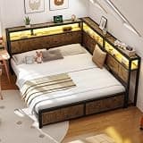 CIKUNASI Full Corner Bed Frame with Storage Headboard, Metal Platform Bed Frame with LED Light and Charging Station, Full Daybed for Living Room, Bedroom & Guest Room
