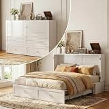 PUREMIND Queen Murphy Bed Cabinet, Multi-Functional Hideaway Cabinet Bed with Storage Drawer, USB Charging Ports and Folding Bedside Panel, Space Saving Chest Beds Wallbed for Guest Room/Small Space
