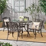 Hassyee 5 Pieces Outdoor Dining Set with Round Table for Balcony, Aluminium Chairs and Table Set with Umbrella Hole and Curved Legs for Poolside, Backyard, Garden, Lawn