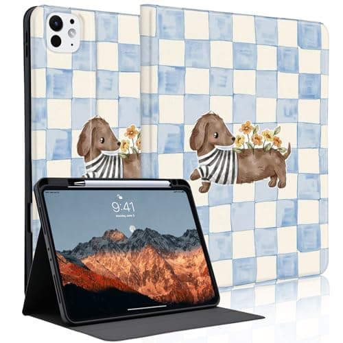 Idocolors Cartoon Case for 10.2" iPad 2019/2020/2021(7th/8th/9th Gen) with Pencil Holder, Auto Wake/Sleep PU Leather Soft TPU Back Cover Multiple Viewing Angles for Women Girls, Floral Dachshund