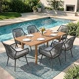 Patiorama 7-Piece Dining Set, Outdoor Dining Table Chair Set, Patio Wicker Dining Furniture Set with 59"-79" Acacia Wood Rectangular Expandable Table & Twisted Rattan Chairs for Yard, Black&Cross Back