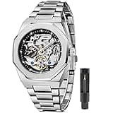 Fashion Silver Mens Watches Top Brand Luxury Automatic Mechanical Stainless Steel Fashion Business Skeleton Wristwatch