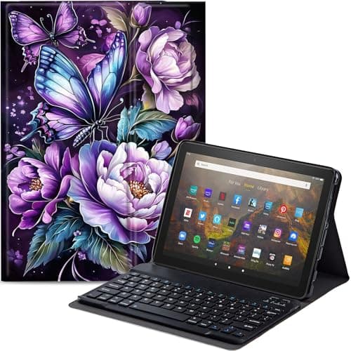 Qindaiwen Keyboard Case for All-New Amazon Fire HD 8/8 Plus (12th Generation/10th Generation, 2024/2022/2020 Release), PU Leather Stand Cover with Detachable Bluetooth Keyboard, Roses Butterflies