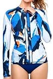 AXESEA Women Long Sleeve Rash Guard UPF 50+ UV Sun Protection Zip Front Swimsuit Shirt Printed Surfing Shirt Top,Multicoloured, US 16