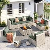 UDPATIO Outdoor Patio Furniture Set, 7 Pcs PE Wicker Sectional Sofa with Tea Table, Outdoor Conversation Set for Patio, Garden, Backyard (Green Cushions with Light Grey Rattan)