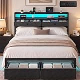 Aelawe Full Bed Frame with LED Lights and Charging Station, Platform Bed with Metal Slats, Wood Headboard with 2 Fabric Drawers and Storage Shelves, No Box Spring Needed
