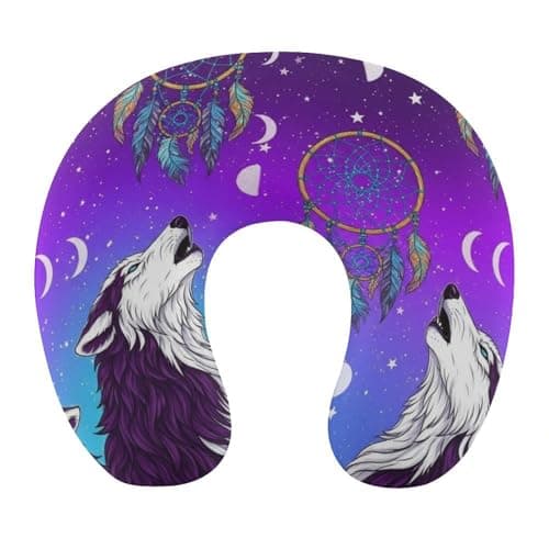 Comfortable U Shape Memory Foam Pillows Purple Galaxy Space Animals Wolf Dream Catcher Airplane Pillow for Traveling Car Home Office Travel Neck Pillow