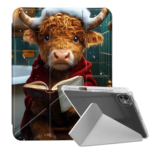 VOGDMKJG Case for iPad Pro 11 Inch Case (M4) 2024 5th Generation - Y-Shaped Stand Clear Back with Pencil Storage Auto Sleep/Wake Multi-Angle View Protective Tablet Cover Bathroom Cow
