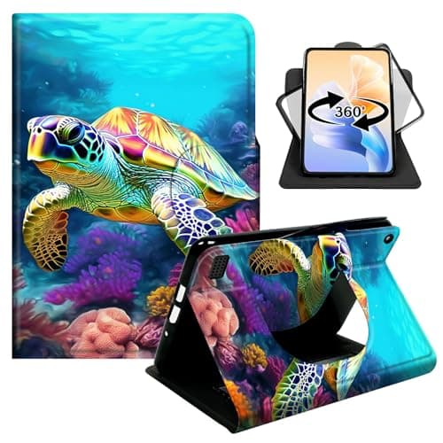 Case for Amazon Fire 7 Tablet (9th Gen, 2019 Release), 360 Degree Rotating Stand with Hand Strap, Auto Sleep/Wake Magnetic Protective Cover,Colorful Turtle