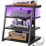 Armocity 4-Tier AV Media Stand with Power Strips, Stereo Stand with LED Lights, Rack Audio Tower with Adjustable Shelves, Small Entertainment Center, 30'', Black Ebony