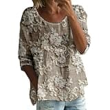 CAOQAO Women's Summer Boho Floral 3/4 Sleeve Tunic Top Flowy Casual Loose Cute Plus Size Pleated Blouse Shirts(2A-Khaki, XL)