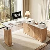NORTHSKY 55" L Shaped Electric Standing Desk with Drawers and Storage Cabinet, Adjustable Height Corner Desk for Home Office, White Marble-Look Top with Natural Oak Fluted Base