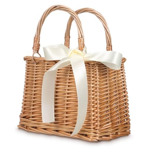 ABOOFAN Wicker Basket Purse for Women, Rattan Straw Tote Bag with Top Handles & Satin Ribbon, Boho Beach Purse for Summer, Picnic & Travel