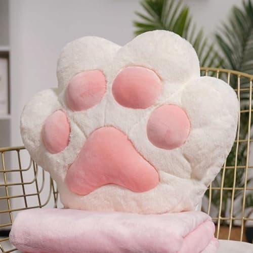 Cat Paw Pillow and Blanket 2-in-1, Ergonomic Nap Pillow with Soft Plush for Neck & Back Support, Hand Warmer Pocket, Portable Travel Pillow & Blanket Set for Office(White,Throw Pillow+Blanket)