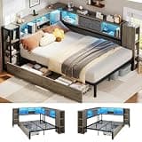 LARMACE Corner Bed Frame with Storage Drawers and Headboard,Full Daybed with LED Light and Charging Station,Gray