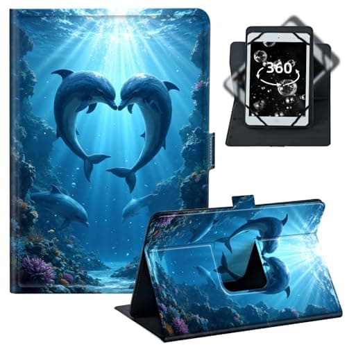 BREIDMKFM Tablet Case for iPad Pro 11/Samsung Tab S9 11-10.5-11.5 Inch PU Leather Folio with 360 Rotating Stand,Fit for Fire Max 11/iPad 10th Gen,﻿Dolphin Couple Ocean