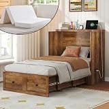 LUXOAK Twin Murphy Bed with 6" White Tri-Fold Memory Foam Mattress, Storage Drawer & Charging Station, Space-Saving Design for Home Office or Guest Room, Barnwood