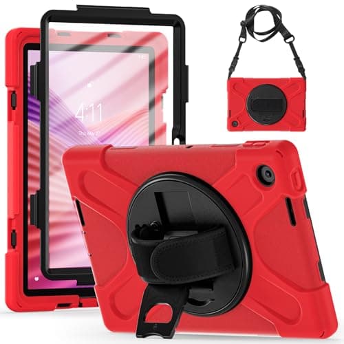 Heavy Duty Shockproof Case Compatible with Lenovo Tab 10.1(TB-311XU) /K10C TB311FU 2025 with Screen Protector, 3-Layer Hybrid Heavy Duty Full-Body Protective Case with Shoulder Strap(Red)