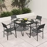 Hassyee 5-Piece Patio Dining Set with Round Wood-Grain Slat Table and Umbrella Hole for Backyard, Poolside, Outdoor Metal Furniture Set with 4 Dining Chairs for Lawn, Dining Room
