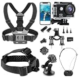 TIMNUT 4K Action Camera with Accessories Kits Bundle, 4k Camera Car Suction Cup Mount/Head Strap Mount/Chest Harness/360° Rotating Helmet Base/Magnetic Holder/Bicycle Handlebar Stands