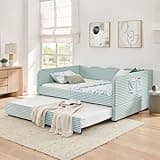 Full Size Gingham Daybed with Trundle, Upholstered Full to King Daybed with Pop Up Trundle & Side Storage Pockets, 3‑in‑1 Versatile Convertible Sofa Bed for Living Room, Bedroom, Guest Room, Cyan