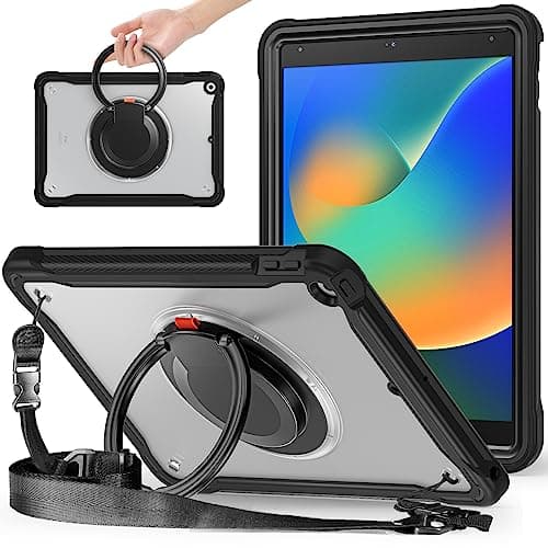ZYCHAO Case for iPad 9th/8th/7th Gen 10.2 inch (2021/2020/2019), Heavy Duty Shockproof Cover with Matte Transparent PC Back, 360° Rotation Stand/Shoulder Strap (Black Transparent)