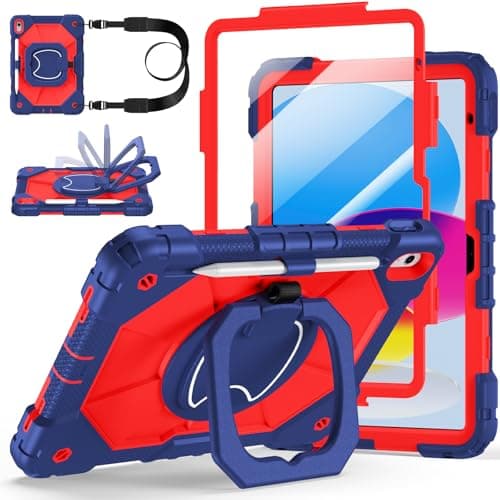 Case for iPad A16 11th Generation 11 Inch 2025, Auorld for iPad 10th Generation 10.9 inch 2022 case with Screen Protector, 360 Degree Rotating Stand Shoulder Strap Pencil Holder, Navy Red