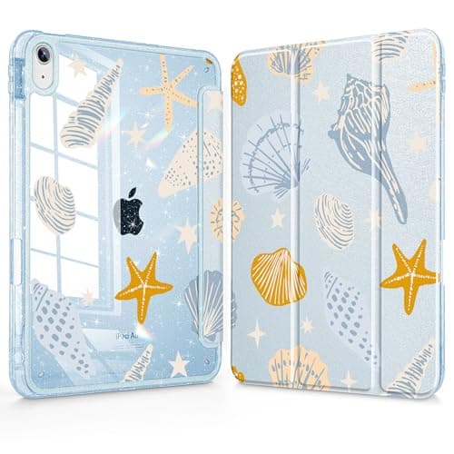 ICEKEE for iPad Air 11 inch M4/M3/M2 (2026/2025/2024), iPad Air 5th/4th Gen (2022/2020) 10.9 inch with Pencil Holder, Glitter Clear Pretevtive Cover, Auto Wake/Sleep, Shells & Stars