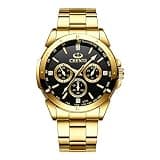 DREAMING Q&P Gold Men's Luxury Wrist Watches for Man,Black Face Stainless Steel Classic Business Golden Series Watch