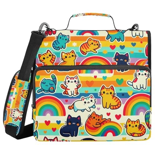 FLildon Cute Rainbow Cats Zipper Binder 3 D-Ring, Multi-Pockets Binder with Shoulder Strap 600 Sheet Capacity Expanding File Folder