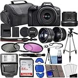 Canon EOS R100 Mirrorless Camera w/RF-S 18-45mm f/4.5-6.3 STM Lens + Wide Angle & Telephoto Lenses + 64GB Memory + 3pc Filter Kit + Case + Flash + Tripod