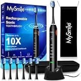 MySmile UC605 Electric Toothbrush for Adults, Rechargeable Sonic Electronic Toothbrush with 6 Brush Heads and Travel Case, 2 Mins 5 Modes Smart Timer, 48000VPM (Black)