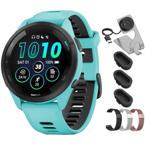 Garmin Forerunner 265 GPS Smartwatch Aqua/Black 010-02810-02 Bundle with Deco Essentials 22mm Milanese Band 3 Pack, Charging Dock and Silicone Dust Cover 3 Pack