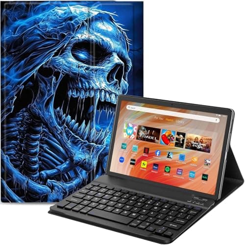 Qindaiwen Keyboard Case for Amazon Fire HD 10 Tablet (13th/11th Generation,2023/2021 Release) 10.1", PU Leather Stand Cover with Detachable Bluetooth Keyboard, Blue Skeleton