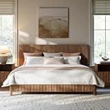 Evermagin Walnut King Bed Frame with Headboard, Mid Century Modern Fluted Platform Bed, Boho Wooden Bed Base No Box Spring Needed, Wavy Grooved Panel