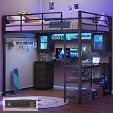 ADORNEVE Full Size Gaming Loft Bed with Carbon Fiber Desk & RGB Arcylic Hutch, Storage Drawers, Safety Power Outlet, Space Saving Gamer Loft for Teens, Black