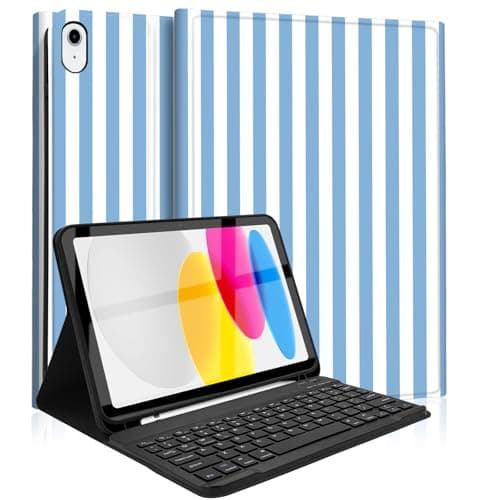 Mewealth Keyboard Case for iPad 11th 10th Generation with Pencil Holder, Wireless Keyboard Cover for 11th A16 11-inch 2025, 10th Gen 10.9 Inch 2022, Striped Steelblue-White