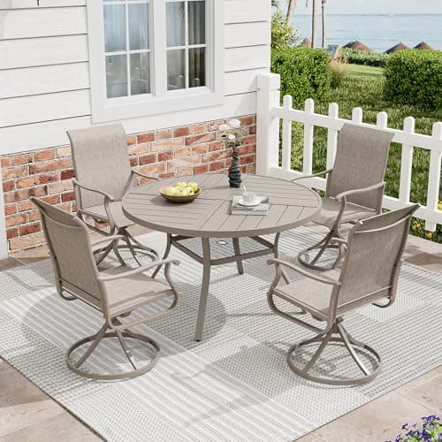 VOXBIN 5 Pieces Patio Furniture Dining Set, 4 Textilene Swivel Dining Chairs, 41" Outdoor Round Metal Table with Storage Shelf and 1.57" Umbrella Hole, Outdoor Dining Set for Porch, Lawn, Sand/Sand