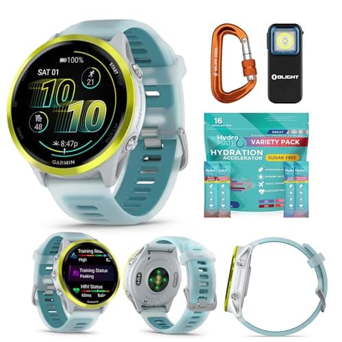 Garmin Forerunner 570 GPS Running Smartwatch (Amp Yellow/Whitestone Turquoise) Outdoor Bundle (4 Items)