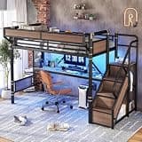 Twin Loft Bed with Stairs, Desk, Charging Station and Wardrobe, Black
