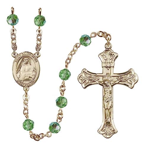 Bonyak Jewelry 14k Gold 6mm Austrian Crystal Saint Edith Stein Rosary - 6mm Austrial Crystal in August Green