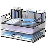 SUPEASY 3 Tier Desk Organizer with Handle & 3 Pen Holders, Mesh Paper/File Organizer for Desk, Paper Letter Tray Organizer for Office Supplies (Black)
