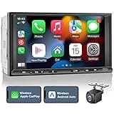 Double Din Car Stereo Radio Wireless CarPlay Wireless Android Auto, 7in Touchscreen Car Audio Receiver with Bluetooth,Rearview Camera,AM/FM, GPS Navigation,Mirror Link,Subwoofer,USB/AUX/SWC