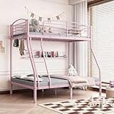 Doppeltcharms Twin Over Full Bunk Bed, Metal Bunk Bed with Stairs and Guardrail, Space Saving Design for Dorm and Small Room, Heavy Duty Metal Frame, Loft Bed with Under Bed Storage,Pink