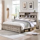 Farmhouse King Size Bed Frame with 54" Tall Storage Bookcase Headboard, 18" Roman Column Decoration Footboard,2 Drawer & 4 Storage Rack, Wood Platform Bed Frame, No Box Spring Needed(Light Rustic Oak)