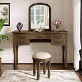 Merax 46" Vintage Makeup Vanity with Curved Flower Frame Mirror, Elegant Dressing Table with 5 Drawers and Leather Stool, Vanity Desk with Solid Wood Legs and Antique Handles for Bedroom