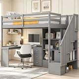 SOFTSEA Twin Size Loft Bed with Stairs and Storage, Space Saving Wood Loft Bed Frame with Built-in Desk, Shelves and Drawers for Kids Teens Adults, No Box Spring Needed, Grey